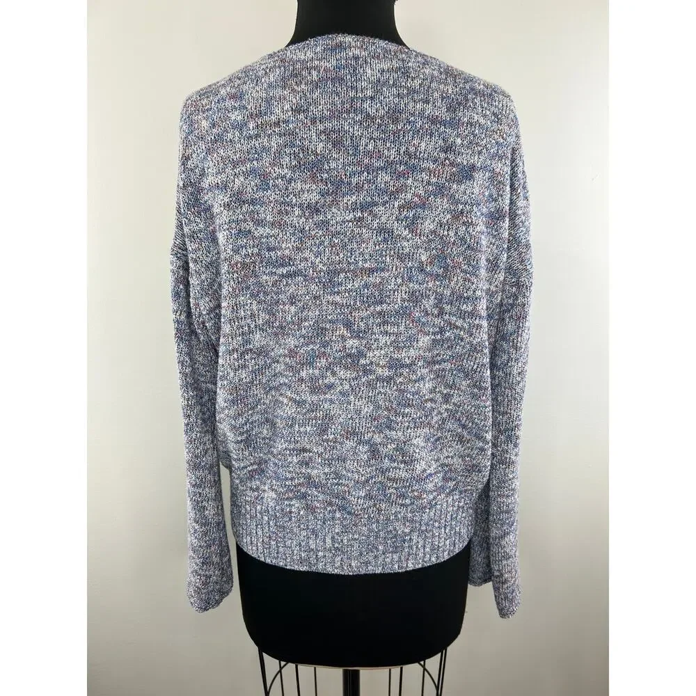 J Crew Blue Purple Marled Knit Flare Sleeve V-Neck Cotton Blend Sweater Size L